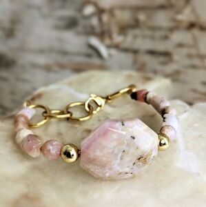 Natural Peruvian Pink Opal & Gold Beads In Gold  Bracelet